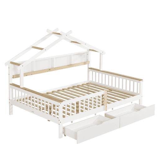 Cama infantil 140x200 - Com proteção lateral e grade, design de teto único, estante de 2 m, 2 gavetas com rodas, cama baixa de madeira - Branco+Natural Cama infantil 140x200 - Com proteção lateral e grade, design de teto único, estante de 2 m, 2 gavetas com rodas, cama baixa de madeira - Branco+Natural