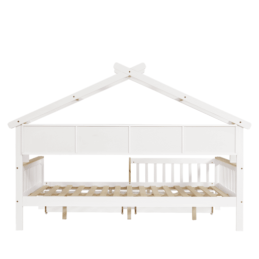 Cama infantil 140x200 - Com proteção lateral e grade, design de teto único, estante de 2 m, 2 gavetas com rodas, cama baixa de madeira - Branco+Natural Cama infantil 140x200 - Com proteção lateral e grade, design de teto único, estante de 2 m, 2 gavetas com rodas, cama baixa de madeira - Branco+Natural