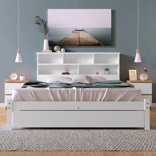 Cama de casal 140x200 cm - Com gavetas e estrado, estante para jovens e adultos - Branco