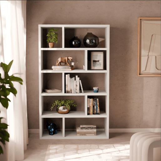 Estante assimétrica de 5 níveis com 10 compartimentos, Basiks, Branco, 111.2x39x190 cm