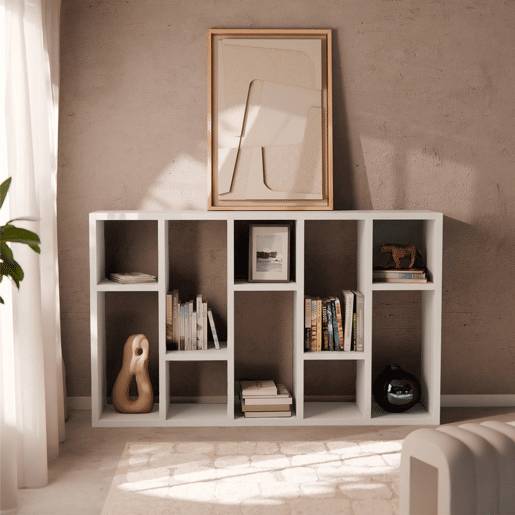 Estante assimétrica de 5 níveis com 10 compartimentos, Basiks, Branco, 111.2x39x190 cm