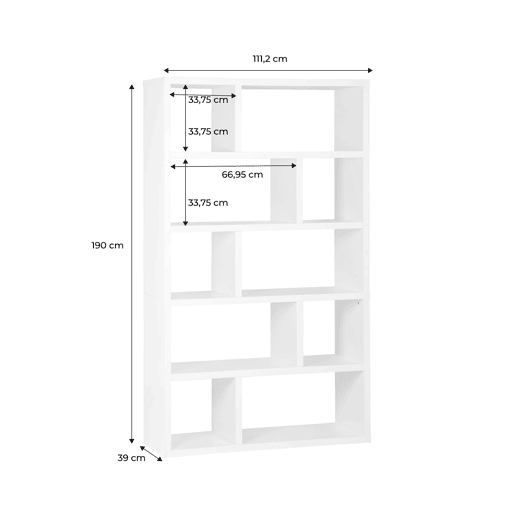 Estante assimétrica de 5 níveis com 10 compartimentos, Basiks, Branco, 111.2x39x190 cm