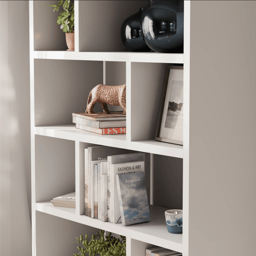 Estante assimétrica de 5 níveis com 10 compartimentos, Basiks, Branco, 111.2x39x190 cm