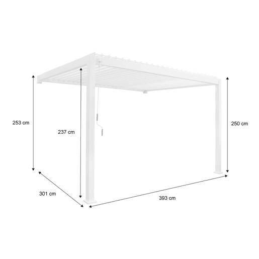 Pérgola bioclimática 3x4m de alumínio adossada com lâminas orientáveis, Triomphe 3x4m adossada, Branco, 391x301x250 cm Pérgola bioclimática 3x4m de alumínio adossada com lâminas orientáveis, Triomphe 3x4m adossada, Branco, 391x301x250 cm