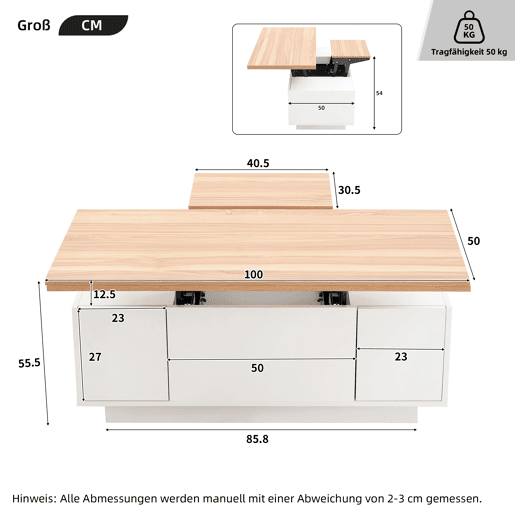 Mesa de centro moderna com mecanismo duplo elevável, arrumação oculta, suporta até 50 kg - BrancoNatural