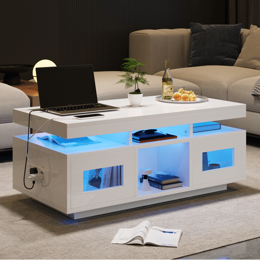Mesa de centro 100x50x43 cm - com luzes LED controláveis por app, mesa de sala com armário, mesa de sofá com porta de carregamento e tomada elétrica - branca Mesa de centro 100x50x43 cm - com luzes LED controláveis por app, mesa de sala com armário, mesa de sofá com porta de carregamento e tomada elétrica - branca