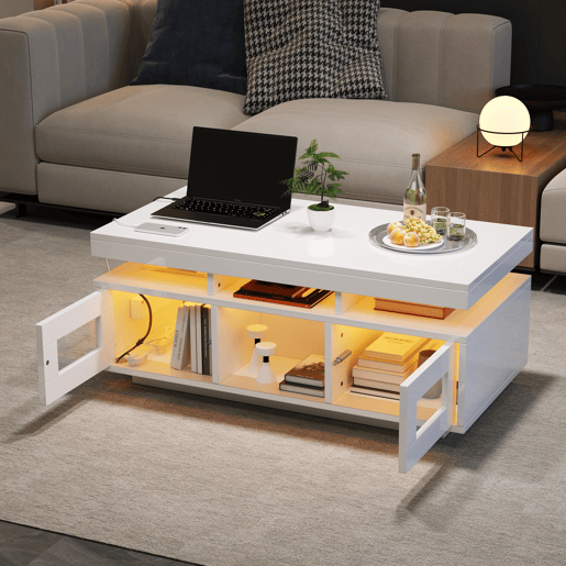 Mesa de centro 100x50x43 cm - com luzes LED controláveis por app, mesa de sala com armário, mesa de sofá com porta de carregamento e tomada elétrica - branca Mesa de centro 100x50x43 cm - com luzes LED controláveis por app, mesa de sala com armário, mesa de sofá com porta de carregamento e tomada elétrica - branca