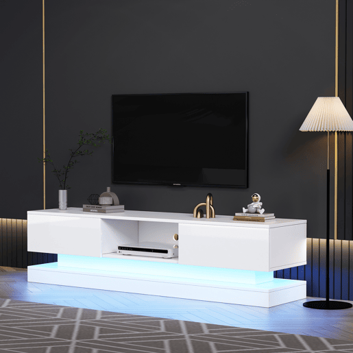 Móvel de TV 160x35x40,5 cm - Branco alto brilho, com LED, 2 gavetas, controlo por aplicação, design anti-capotamento - Branco