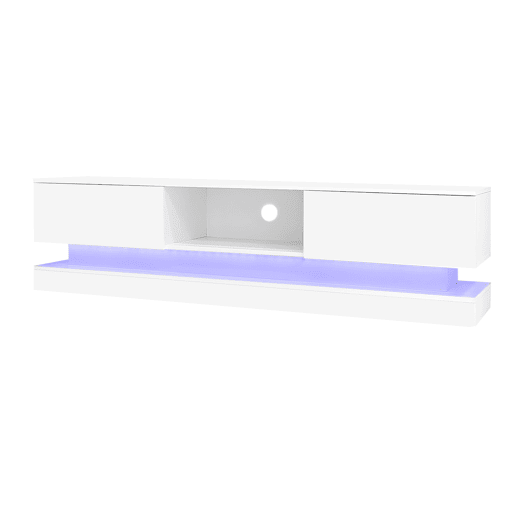 Móvel de TV 160x35x40,5 cm - Branco alto brilho, com LED, 2 gavetas, controlo por aplicação, design anti-capotamento - Branco