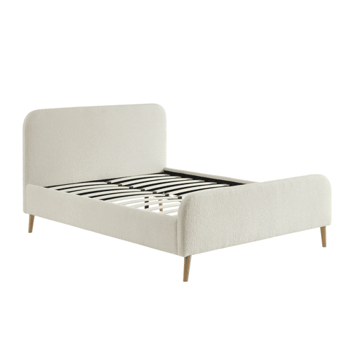 Cama com estrado e cabeceira estofada boucle, 140cm, Finn, Creme, 204x149x102 cm