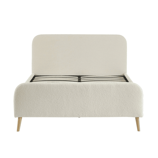 Cama com estrado e cabeceira estofada boucle, 140cm, Finn, Creme, 204x149x102 cm