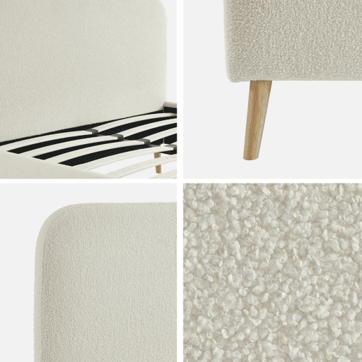 Cama com estrado e cabeceira estofada boucle, 140cm, Finn, Creme, 204x149x102 cm