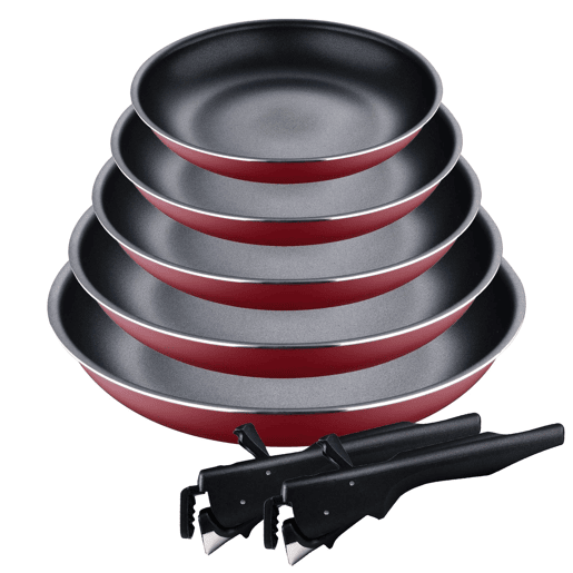 Conjunto de 5 frigideiras Ø18Ø20Ø22Ø24Ø26cm em alumínio prensado, vermelhas + 2 cabos removíveis Click&Cook da Bergner