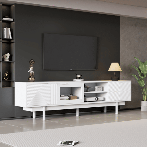 Móvel de TV 200x40x50,5 cm - Lowboard com 2 portas e 2 gavetas, suporte para TV com grande capacidade de armazenamento - Branco Móvel de TV 200x40x50,5 cm - Lowboard com 2 portas e 2 gavetas, suporte para TV com grande capacidade de armazenamento - Branco