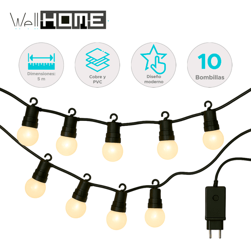 Cordão de luzes LED branco quente para uso interno - Cabo de 5m