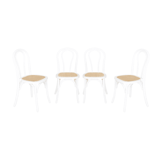Cadeira vintage de madeira e rattan, set de 4, Bastille, Branco, 48x49.5x90 cm