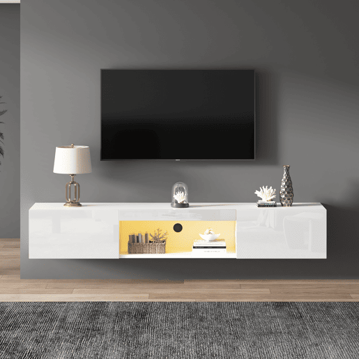 Móvel de TV montado na parede 160x31x22cm - branco, com iluminação LED, controlo por aplicação Bluetooth, capacidade de carga 30kg Móvel de TV montado na parede 160x31x22cm - branco, com iluminação LED, controlo por aplicação Bluetooth, capacidade de carga 30kg