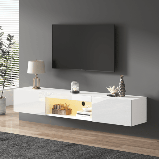 Móvel de TV montado na parede 160x31x22cm - branco, com iluminação LED, controlo por aplicação Bluetooth, capacidade de carga 30kg Móvel de TV montado na parede 160x31x22cm - branco, com iluminação LED, controlo por aplicação Bluetooth, capacidade de carga 30kg