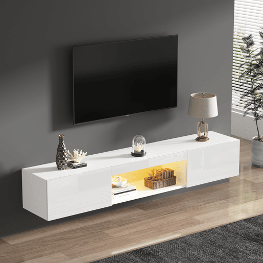 Móvel de TV montado na parede 160x31x22cm - branco, com iluminação LED, controlo por aplicação Bluetooth, capacidade de carga 30kg Móvel de TV montado na parede 160x31x22cm - branco, com iluminação LED, controlo por aplicação Bluetooth, capacidade de carga 30kg