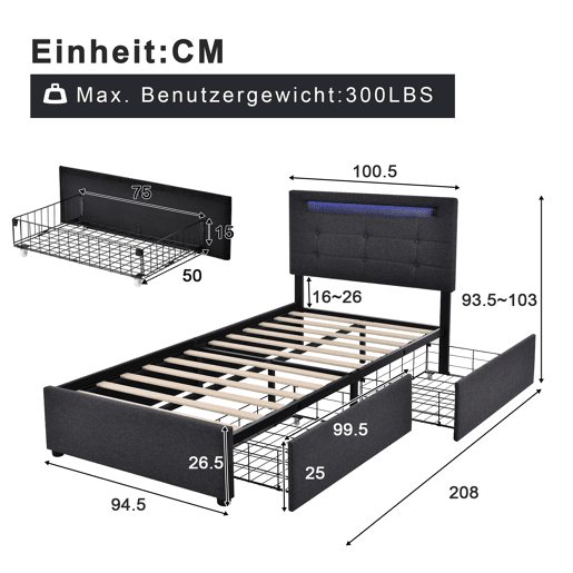 Cama estofada 90x200cm - Com LED, 2 gavetas, Cabeceira ajustável, Estrutura em madeira - Cinza