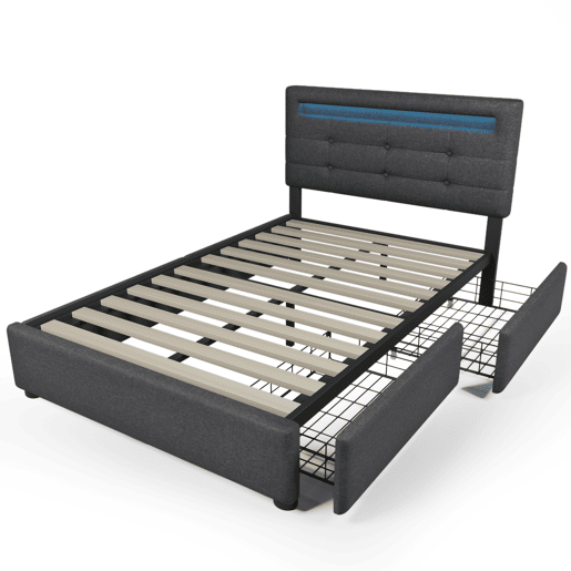 Cama estofada 90x200cm - Com LED, 2 gavetas, Cabeceira ajustável, Estrutura em madeira - Cinza
