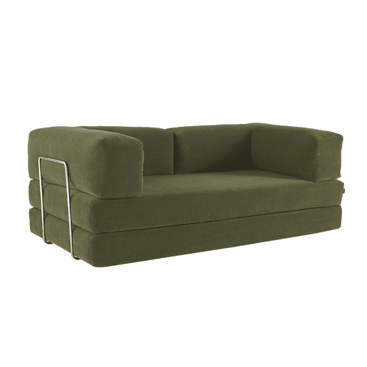 Sofá cama futon conversível em veludo canelado e estrutura cromada, 3 lugares, Seventies, Verde caqui, 200x100x72 cm