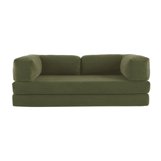 Sofá cama futon conversível em veludo canelado e estrutura cromada, 3 lugares, Seventies, Verde caqui, 200x100x72 cm