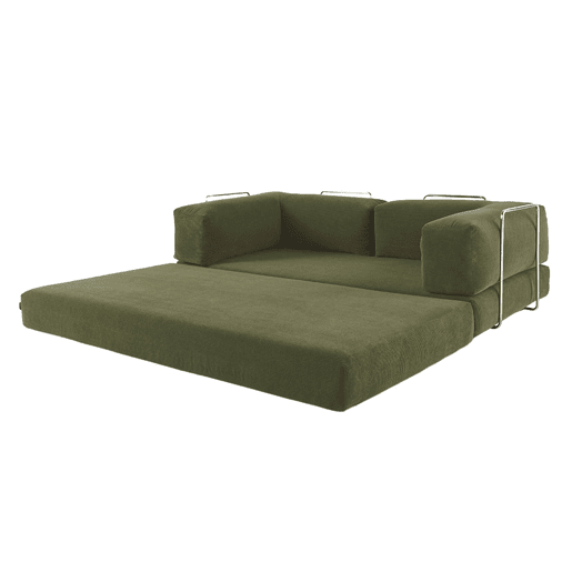 Sofá cama futon conversível em veludo canelado e estrutura cromada, 3 lugares, Seventies, Verde caqui, 200x100x72 cm
