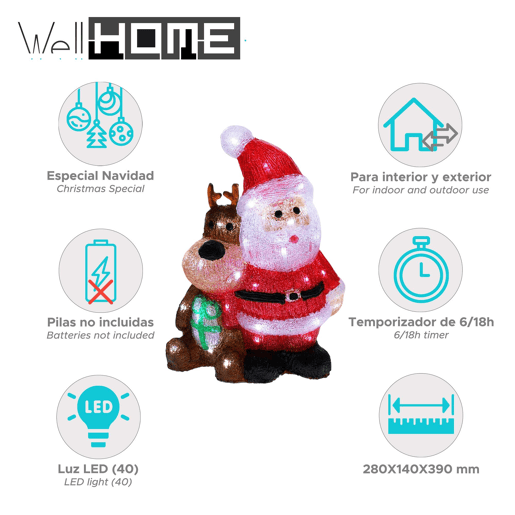 Papai Noel e rena iluminados com luzes LED e temporizador.