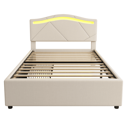 Cama estofada 90x200cm - com estrado, iluminação regulável, 2 gavetas, cabeceira ajustável, linho, minimalista - Bege Cama estofada 90x200cm - com estrado, iluminação regulável, 2 gavetas, cabeceira ajustável, linho, minimalista - Bege
