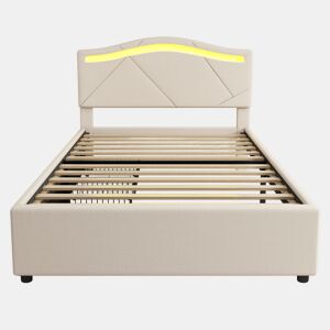 Cama estofada 90x200cm - com estrado, iluminação regulável, 2 gavetas, cabeceira ajustável, linho, minimalista - Bege
