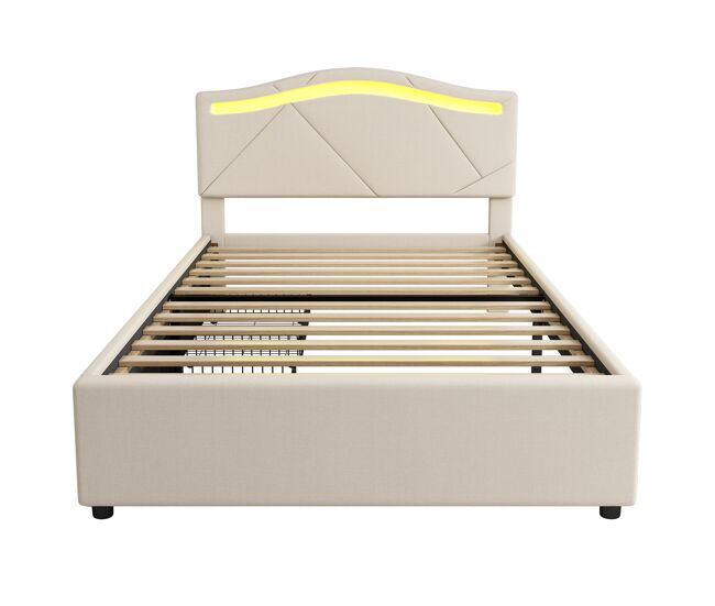 Cama tapizada 90x200cm - con somier, iluminación regulable, 2 cajones, cabecero ajustable, lino, minimalista - beige