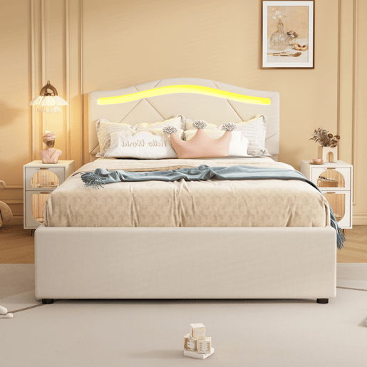 Cama estofada 90x200cm - com estrado, iluminação regulável, 2 gavetas, cabeceira ajustável, linho, minimalista - Bege Cama estofada 90x200cm - com estrado, iluminação regulável, 2 gavetas, cabeceira ajustável, linho, minimalista - Bege