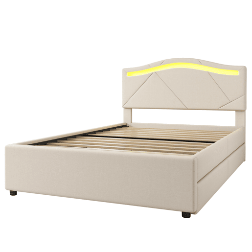 Cama estofada 90x200cm - com estrado, iluminação regulável, 2 gavetas, cabeceira ajustável, linho, minimalista - Bege Cama estofada 90x200cm - com estrado, iluminação regulável, 2 gavetas, cabeceira ajustável, linho, minimalista - Bege
