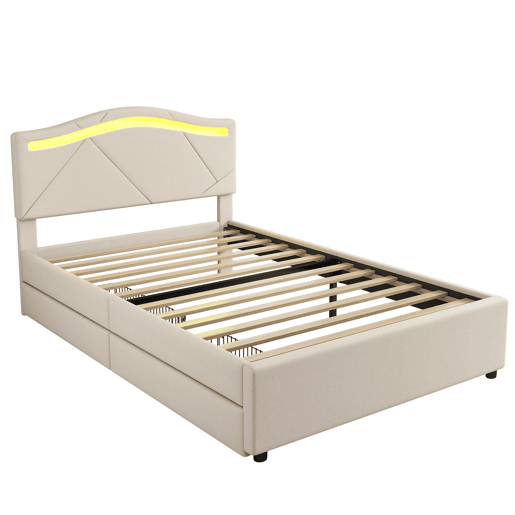 Cama estofada 90x200cm - com estrado, iluminação regulável, 2 gavetas, cabeceira ajustável, linho, minimalista - Bege Cama estofada 90x200cm - com estrado, iluminação regulável, 2 gavetas, cabeceira ajustável, linho, minimalista - Bege