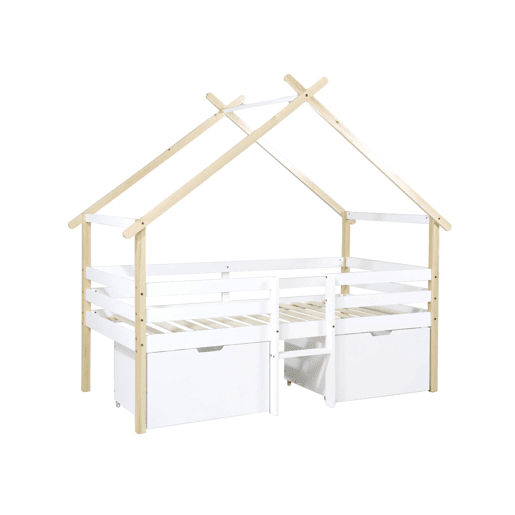 Cama infantil em madeira de pinho com ripas incluídas e 2 gavetas, Sienna, Branco, 212x102x188.5 cm