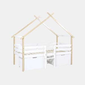 Cama infantil em madeira de pinho com ripas incluídas e 2 gavetas, Sienna, Branco, 212x102x188.5 cm