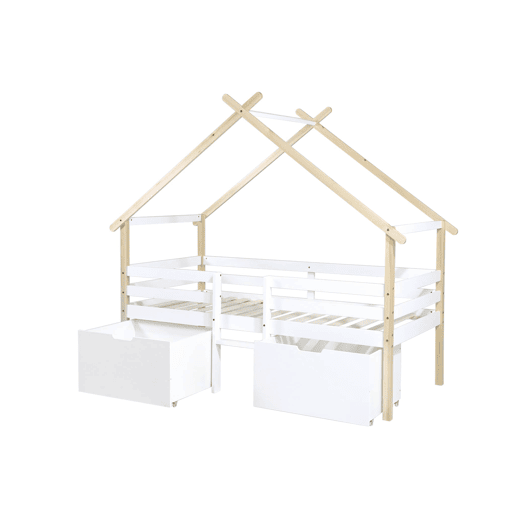 Cama infantil em madeira de pinho com ripas incluídas e 2 gavetas, Sienna, Branco, 212x102x188.5 cm