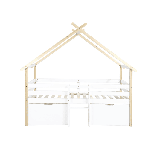 Cama infantil em madeira de pinho com ripas incluídas e 2 gavetas, Sienna, Branco, 212x102x188.5 cm