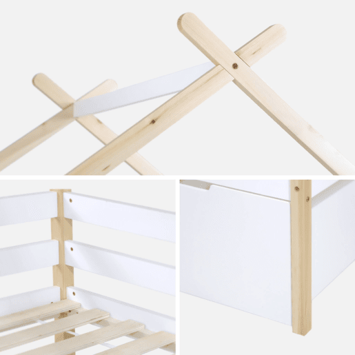 Cama infantil em madeira de pinho com ripas incluídas e 2 gavetas, Sienna, Branco, 212x102x188.5 cm