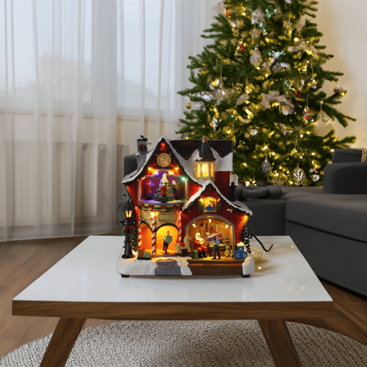 Decoração de Natal: Oficina do Papai Noel com 31 luzes e música.
