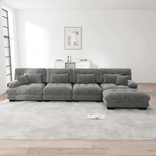Sofá modular de 4 lugares - em forma de L, com otomano móvel e combinação DIY - Chenille cinzento