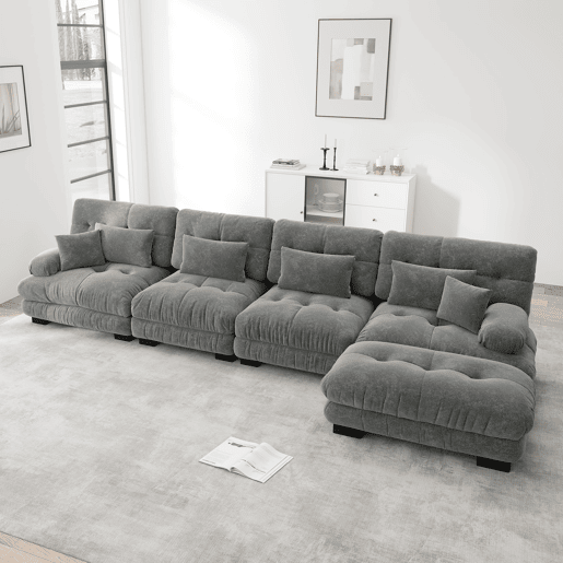 Sofá modular de 4 lugares - em forma de L, com otomano móvel e combinação DIY - Chenille cinzento