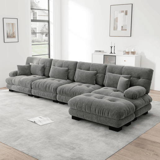 Sofá modular de 4 lugares - em forma de L, com otomano móvel e combinação DIY - Chenille cinzento