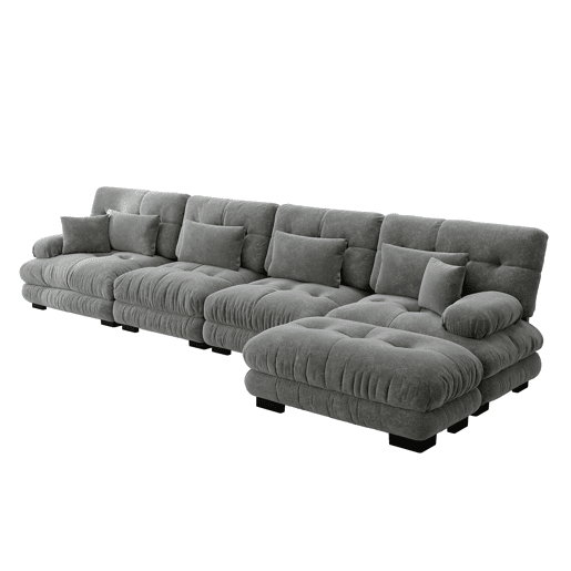 Sofá modular de 4 lugares - em forma de L, com otomano móvel e combinação DIY - Chenille cinzento