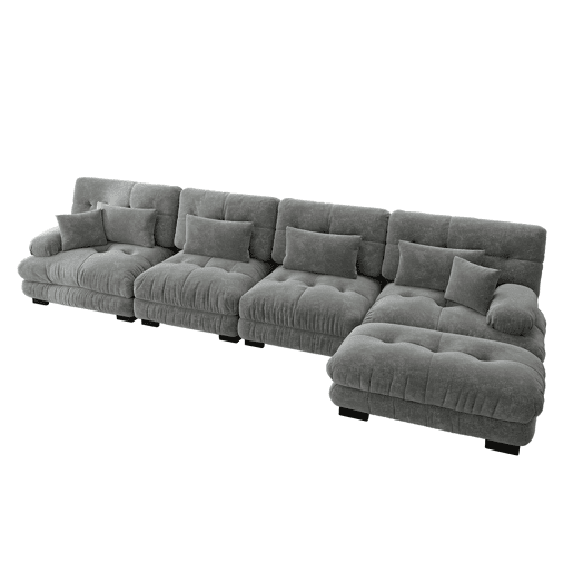 Sofá modular de 4 lugares - em forma de L, com otomano móvel e combinação DIY - Chenille cinzento