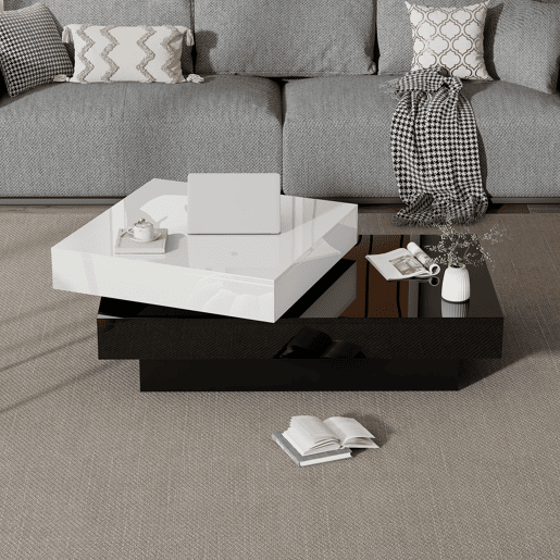 Mesa de centro giratória - Mesa moderna com superfície brilhante, mesa de dupla camada - Branco e preto Mesa de centro giratória - Mesa moderna com superfície brilhante, mesa de dupla camada - Branco e preto