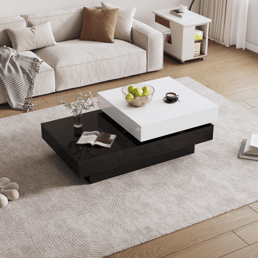 Mesa de centro giratória - Mesa moderna com superfície brilhante, mesa de dupla camada - Branco e preto Mesa de centro giratória - Mesa moderna com superfície brilhante, mesa de dupla camada - Branco e preto