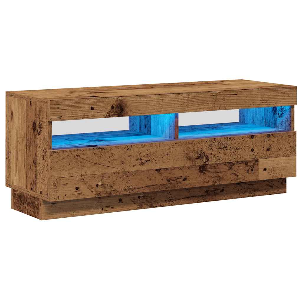 mueble tv luces led madera ingenieria envejecida 100x35x40 cm