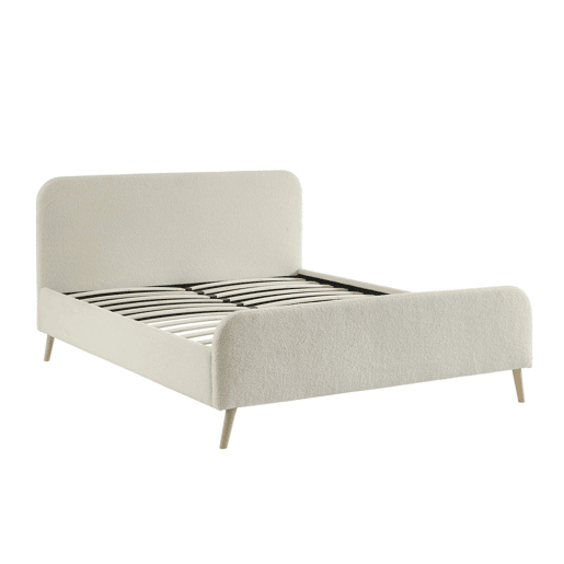 Cama com sommier e cabeceira acolchoada em boucle, 160cm, Finn, Creme, 214x169x102 cm